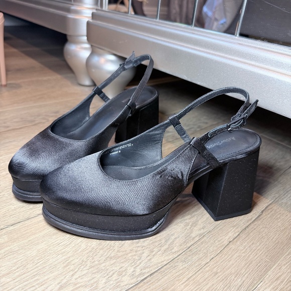 & Other Stories Black Satin Platform Block Heel Slingback Shoes – Size 37 (US 7) - Picture 1 of 7